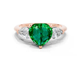 Rose gold Three-Stone Heart Cut Emerald Ring with Pear Side Stones and Four-Prong Setting