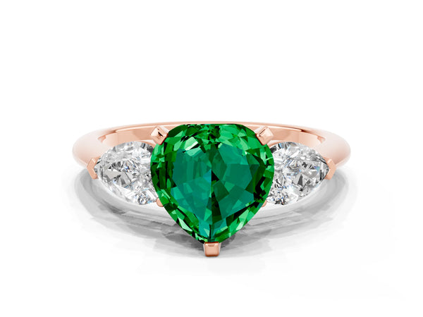 Rose gold Three-Stone Heart Cut Emerald Ring with Pear Side Stones and Four-Prong Setting