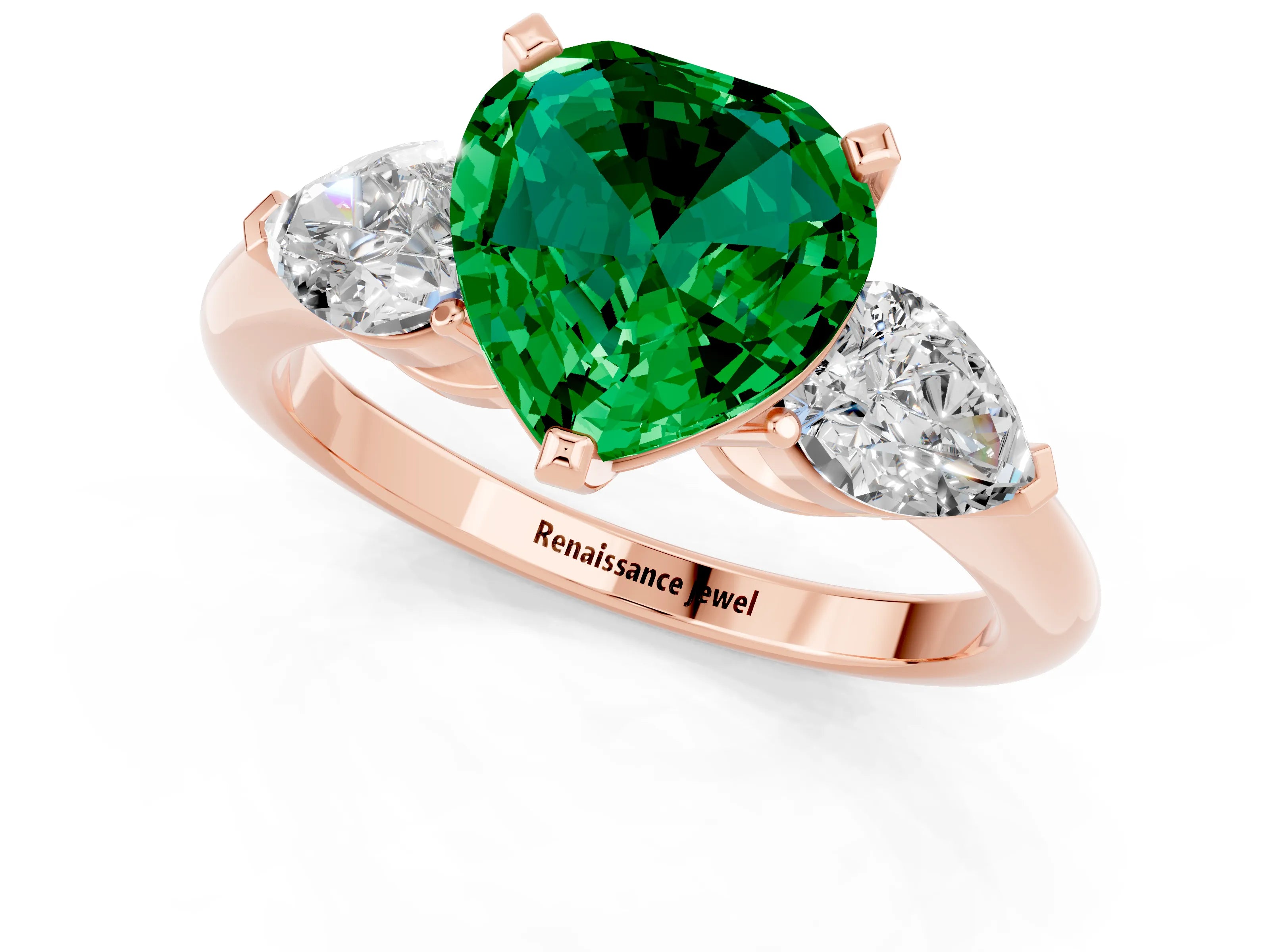 Rose gold Three-Stone Heart Cut Emerald Ring with Pear Side Stones and Four-Prong Setting_1