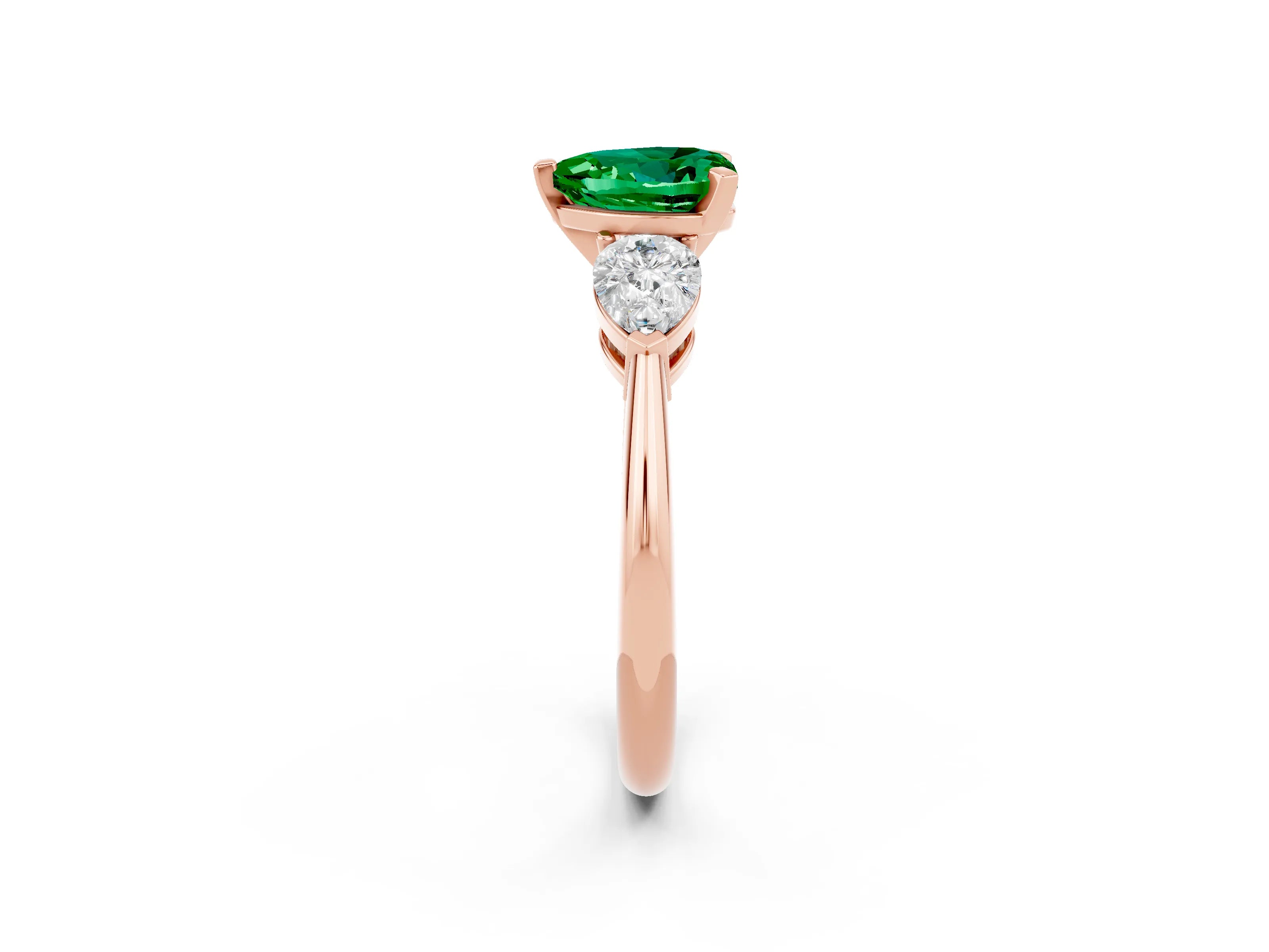 Rose gold Three-Stone Heart Cut Emerald Ring with Pear Side Stones and Four-Prong Setting_2
