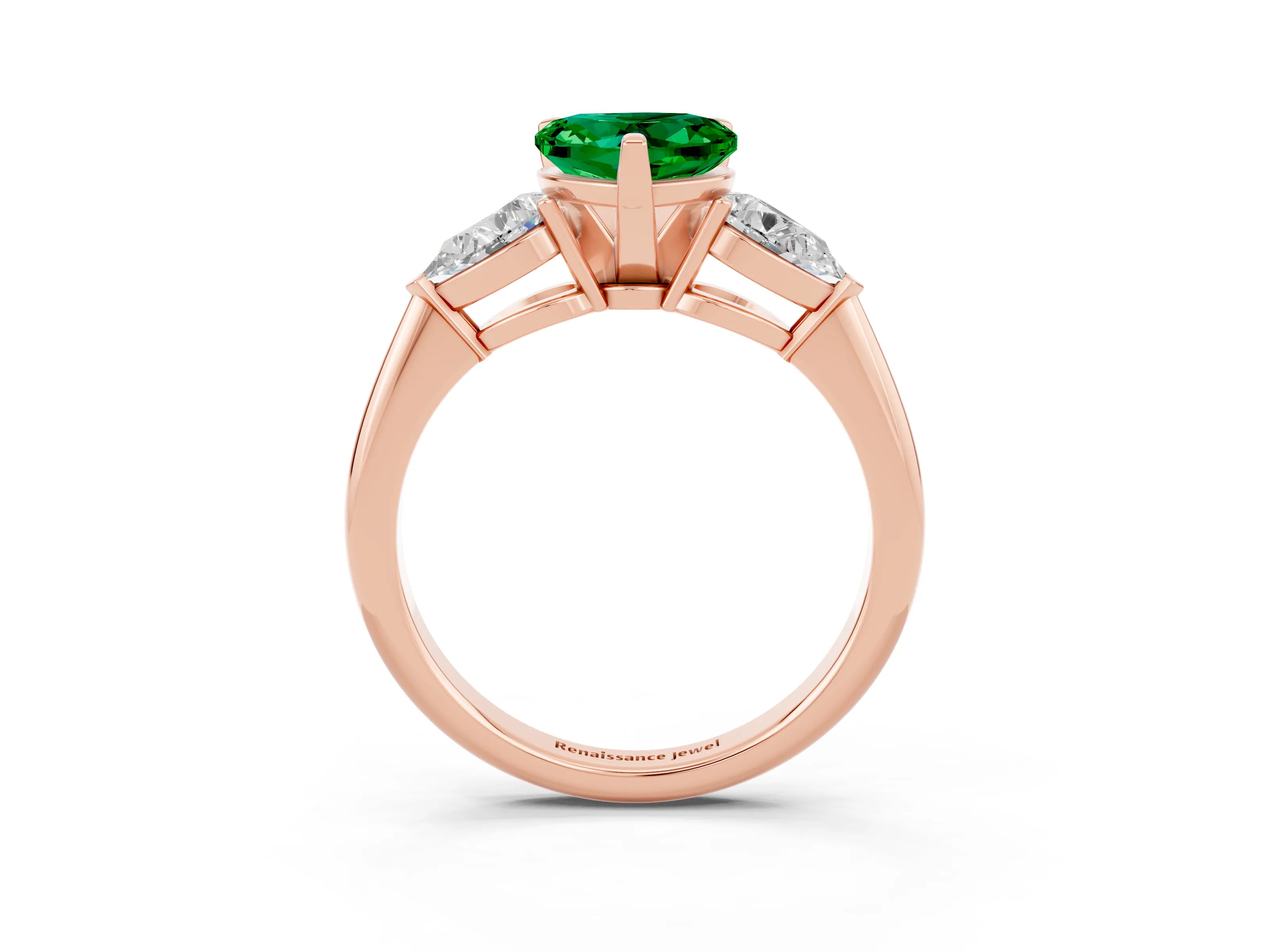 Rose gold Three-Stone Heart Cut Emerald Ring with Pear Side Stones and Four-Prong Setting_3