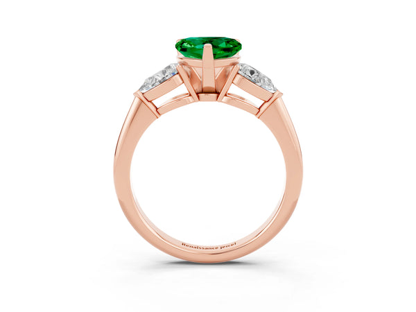 Rose gold Three-Stone Heart Cut Emerald Ring with Pear Side Stones and Four-Prong Setting