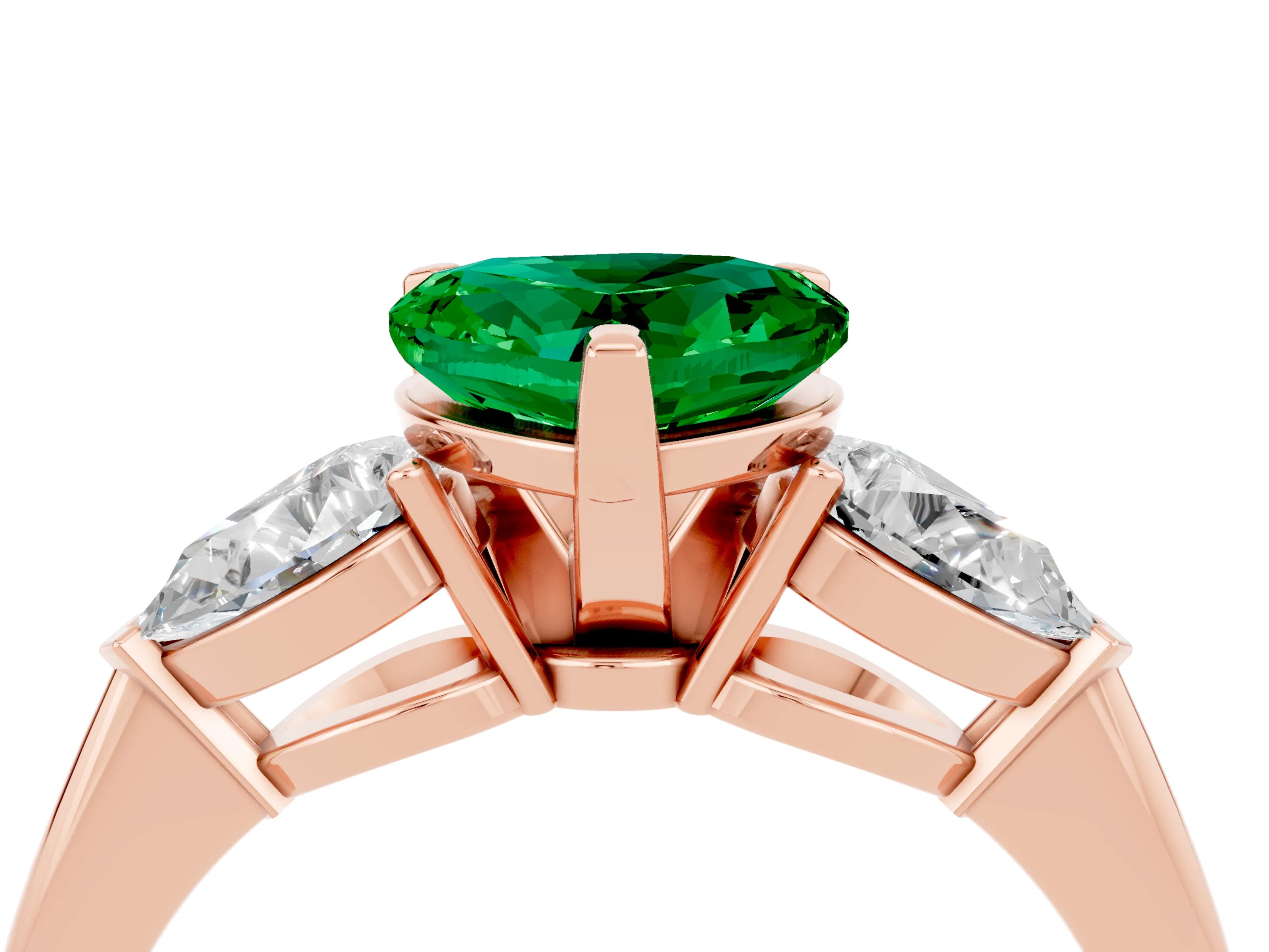 Rose gold Three-Stone Heart Cut Emerald Ring with Pear Side Stones and Four-Prong Setting_4