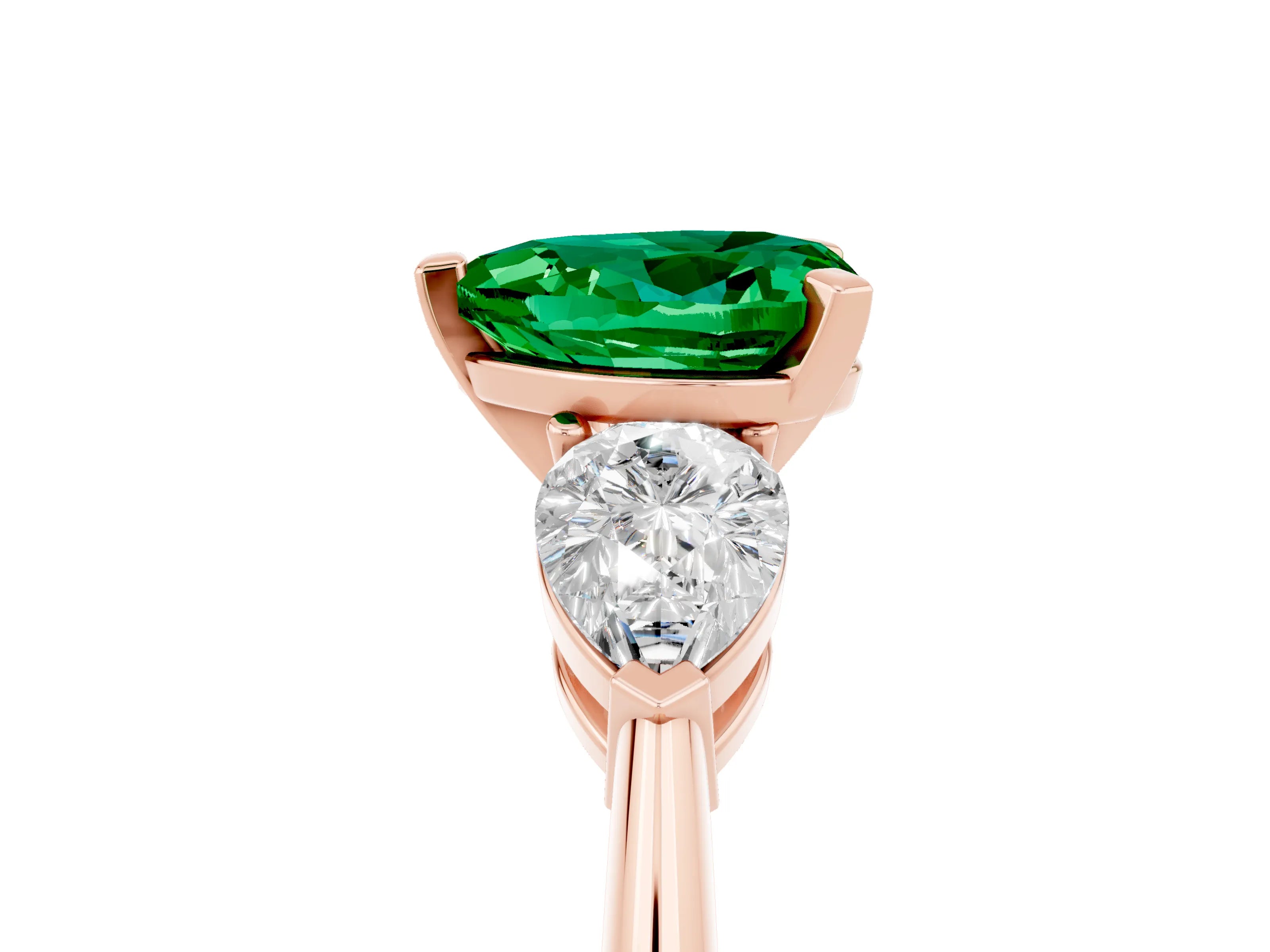 Rose gold Three-Stone Heart Cut Emerald Ring with Pear Side Stones and Four-Prong Setting_5