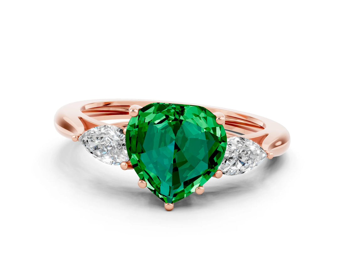 Rose gold Three-Stone Heart Cut Emerald Ring with Pear  Side Stones in Four-Prong Setting_12