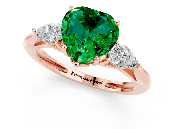 Rose gold Three-Stone Heart Cut Emerald Ring with Pear  Side Stones in Four-Prong Setting