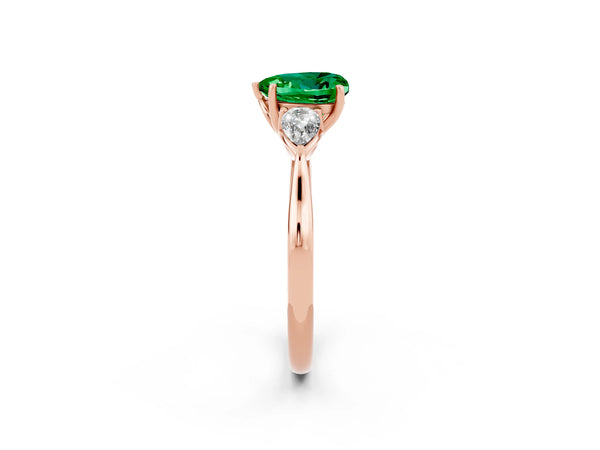 Rose gold Three-Stone Heart Cut Emerald Ring with Pear  Side Stones in Four-Prong Setting