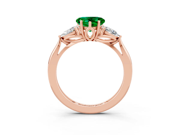 Rose gold Three-Stone Heart Cut Emerald Ring with Pear  Side Stones in Four-Prong Setting