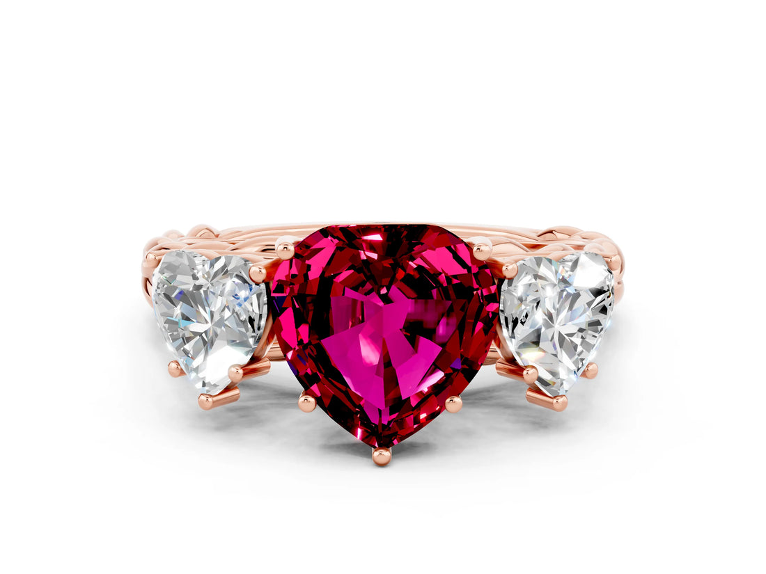 Rose gold Three-Stone Heart Cut Garnet Braided Band Ring with Four-Prong Setting_12