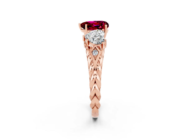 Rose gold Three-Stone Heart Cut Garnet Braided Band Ring with Four-Prong Setting