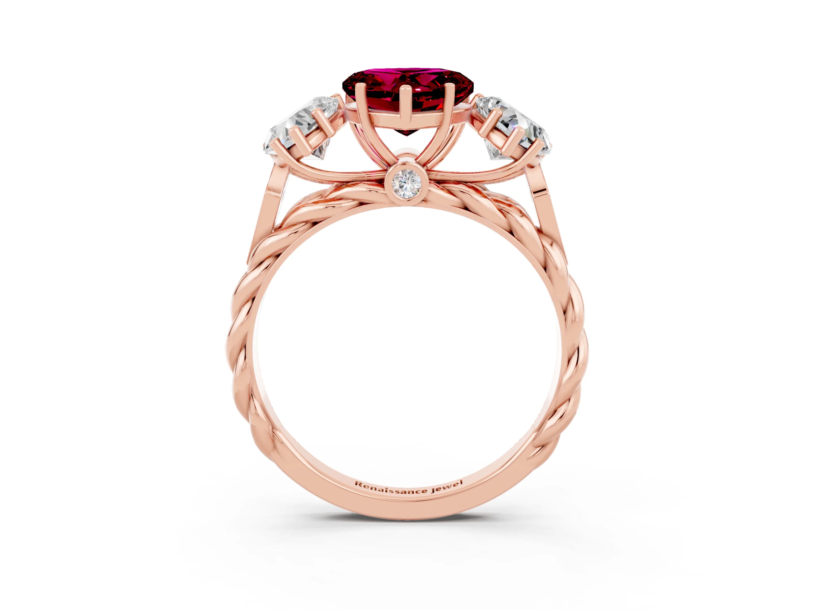 Rose gold Three-Stone Heart Cut Garnet Braided Band Ring with Four-Prong Setting_15
