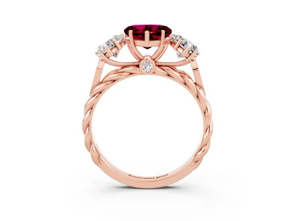 Rose gold Three-Stone Heart Cut Garnet Braided Band Ring with Four-Prong Setting