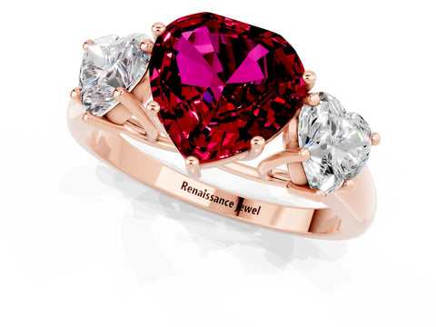 Rose gold Three-Stone Heart Cut Garnet Engagement Ring with Prong Setting_1