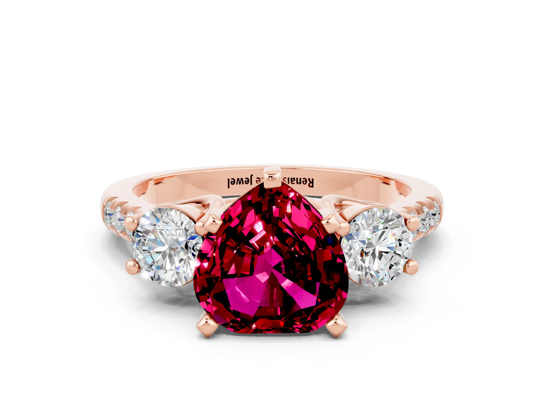 Rose gold Three-Stone Heart Cut Garnet Pavé Band with Four-Prong Setting