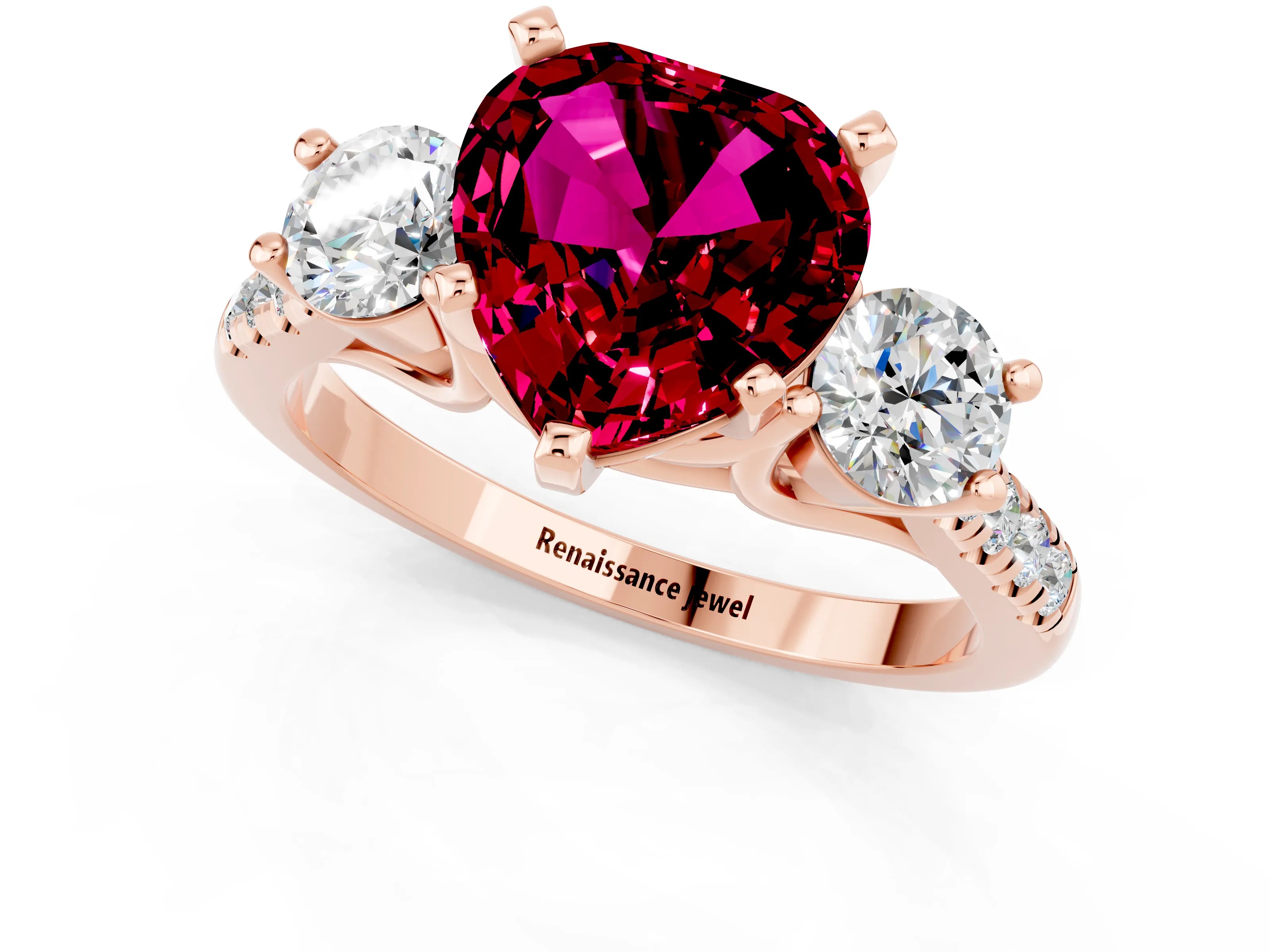 Rose gold Three-Stone Heart Cut Garnet Pavé Band with Four-Prong Setting_1