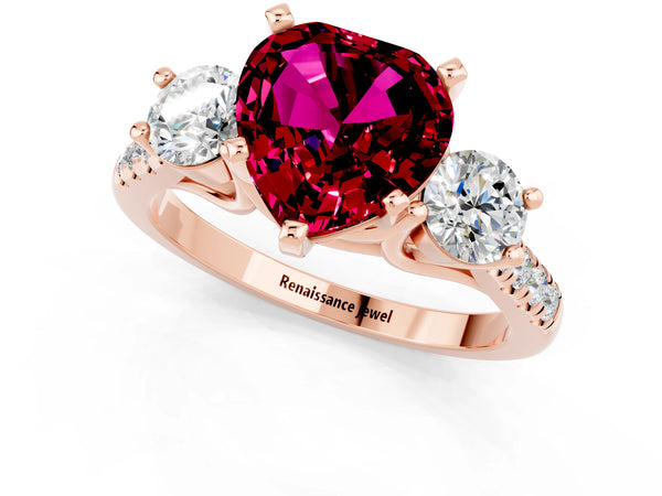 Rose gold Three-Stone Heart Cut Garnet Pavé Band with Four-Prong Setting