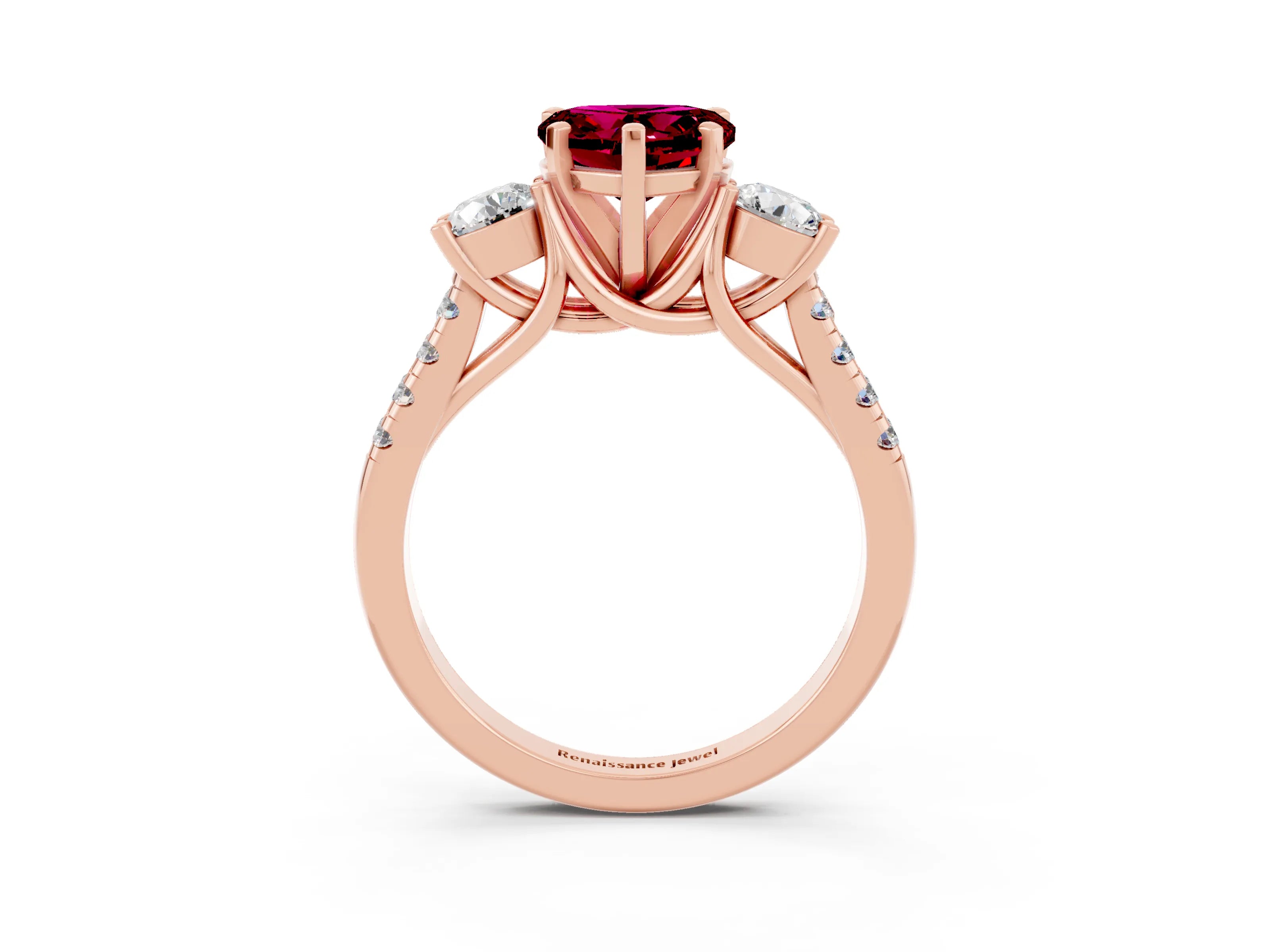 Rose gold Three-Stone Heart Cut Garnet Pavé Band with Four-Prong Setting_3