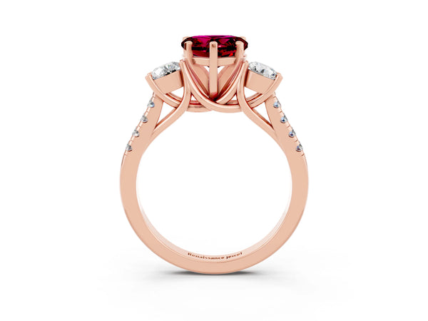 Rose gold Three-Stone Heart Cut Garnet Pavé Band with Four-Prong Setting