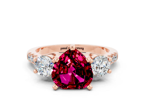 Rose gold Three-Stone Heart Cut Garnet Pavé Band with Four-Prong Setting