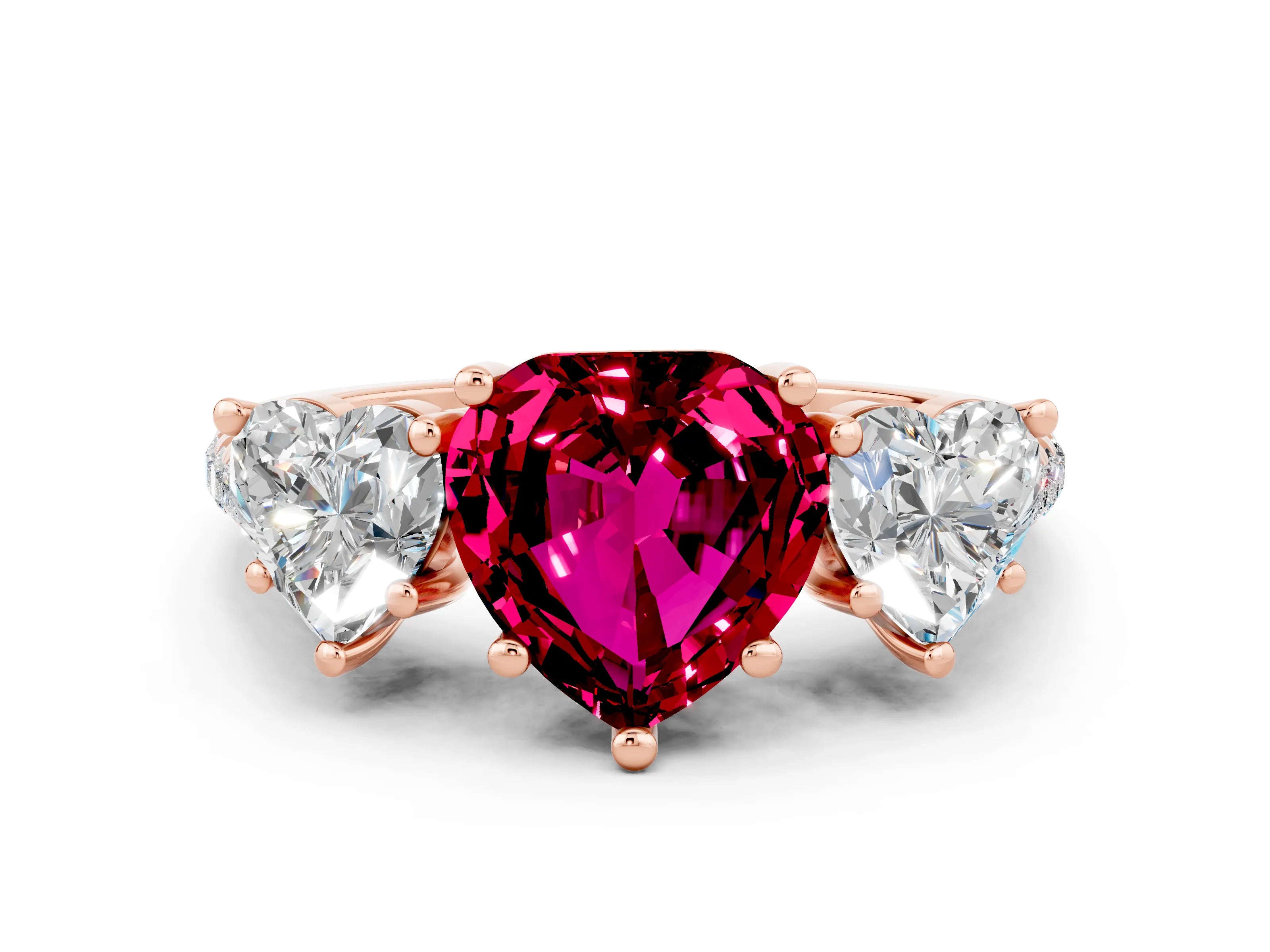 Rose gold Three-Stone Heart Cut Garnet Ring with Pavé Band and Prong Setting_12