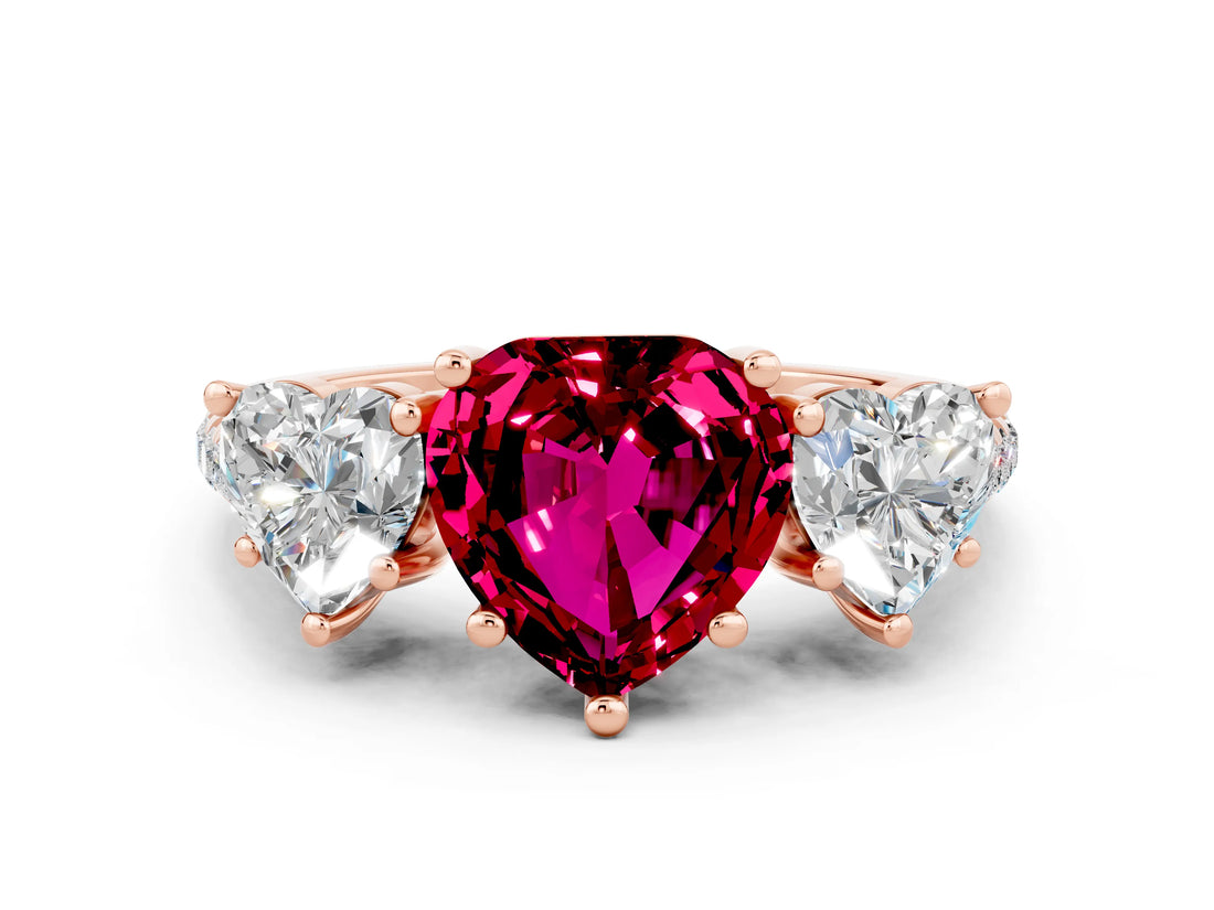 Rose gold Three-Stone Heart Cut Garnet Ring with Pavé Band and Prong Setting_12