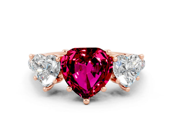 Rose gold Three-Stone Heart Cut Garnet Ring with Round  Pavé Band and Prong Setting