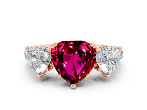 Rose gold Three-Stone Heart Cut Garnet Ring with Pavé Band and Prong Setting_12