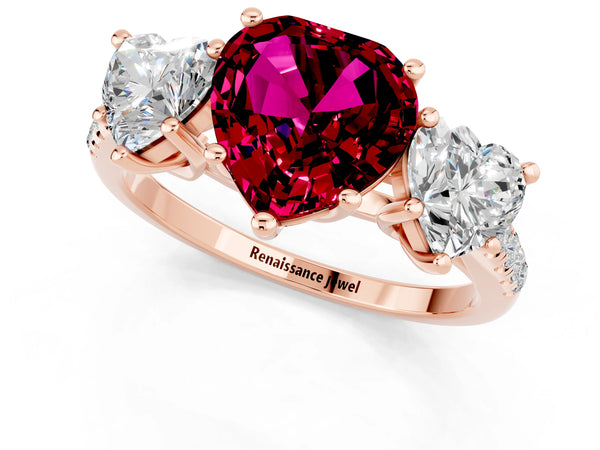 Rose gold Three-Stone Heart Cut Garnet Ring with Round  Pavé Band and Prong Setting