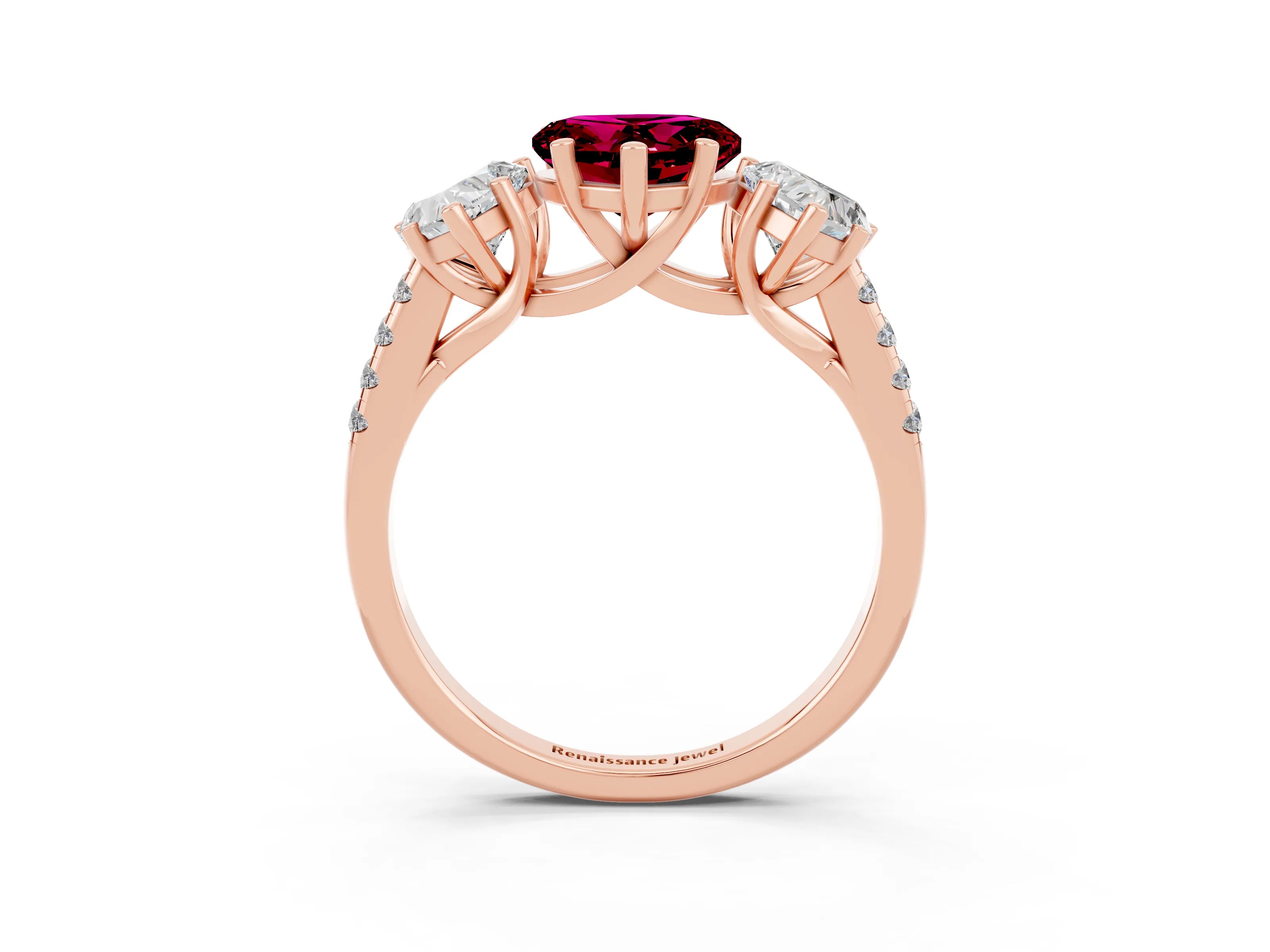 Rose gold Three-Stone Heart Cut Garnet Ring with Pavé Band and Prong Setting_15