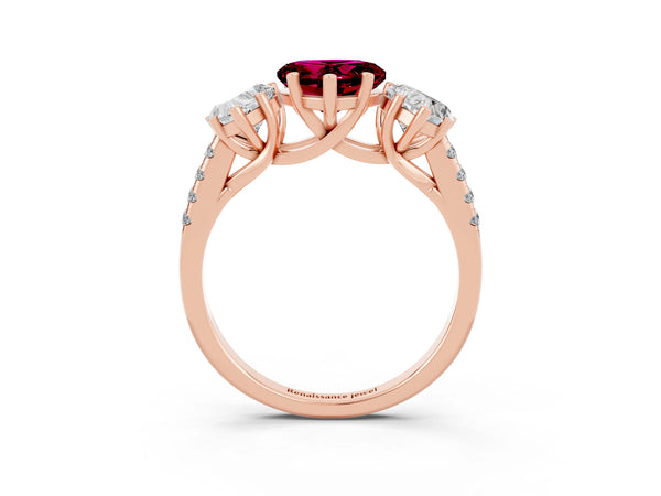 Rose gold Three-Stone Heart Cut Garnet Ring with Round  Pavé Band and Prong Setting