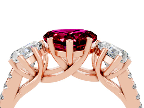 Rose gold Three-Stone Heart Cut Garnet Ring with Pavé Band and Prong Setting_16