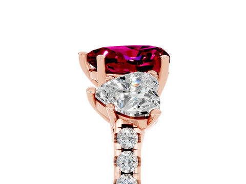 Rose gold Three-Stone Heart Cut Garnet Ring with Pavé Band and Prong Setting_17