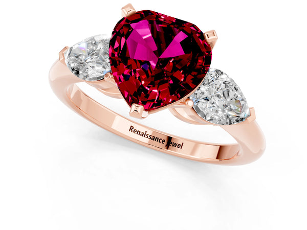 Rose gold Three-Stone Heart Cut Garnet Ring with Pear Side Stones and Four-Prong Setting