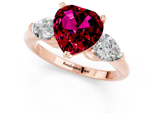 Rose gold Three-Stone Heart Cut Garnet Ring with Pear Side Stones and Four-Prong Setting_1