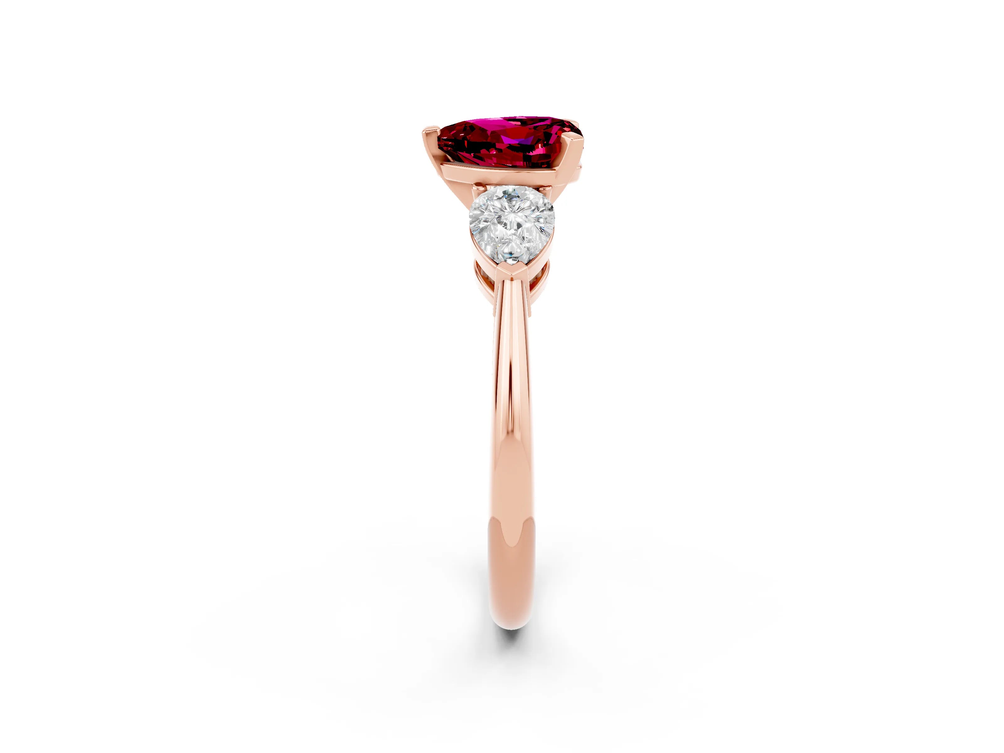 Rose gold Three-Stone Heart Cut Garnet Ring with Pear Side Stones and Four-Prong Setting_2
