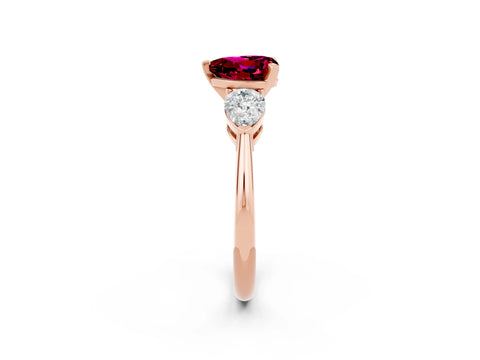 Rose gold Three-Stone Heart Cut Garnet Ring with Pear Side Stones and Four-Prong Setting_2
