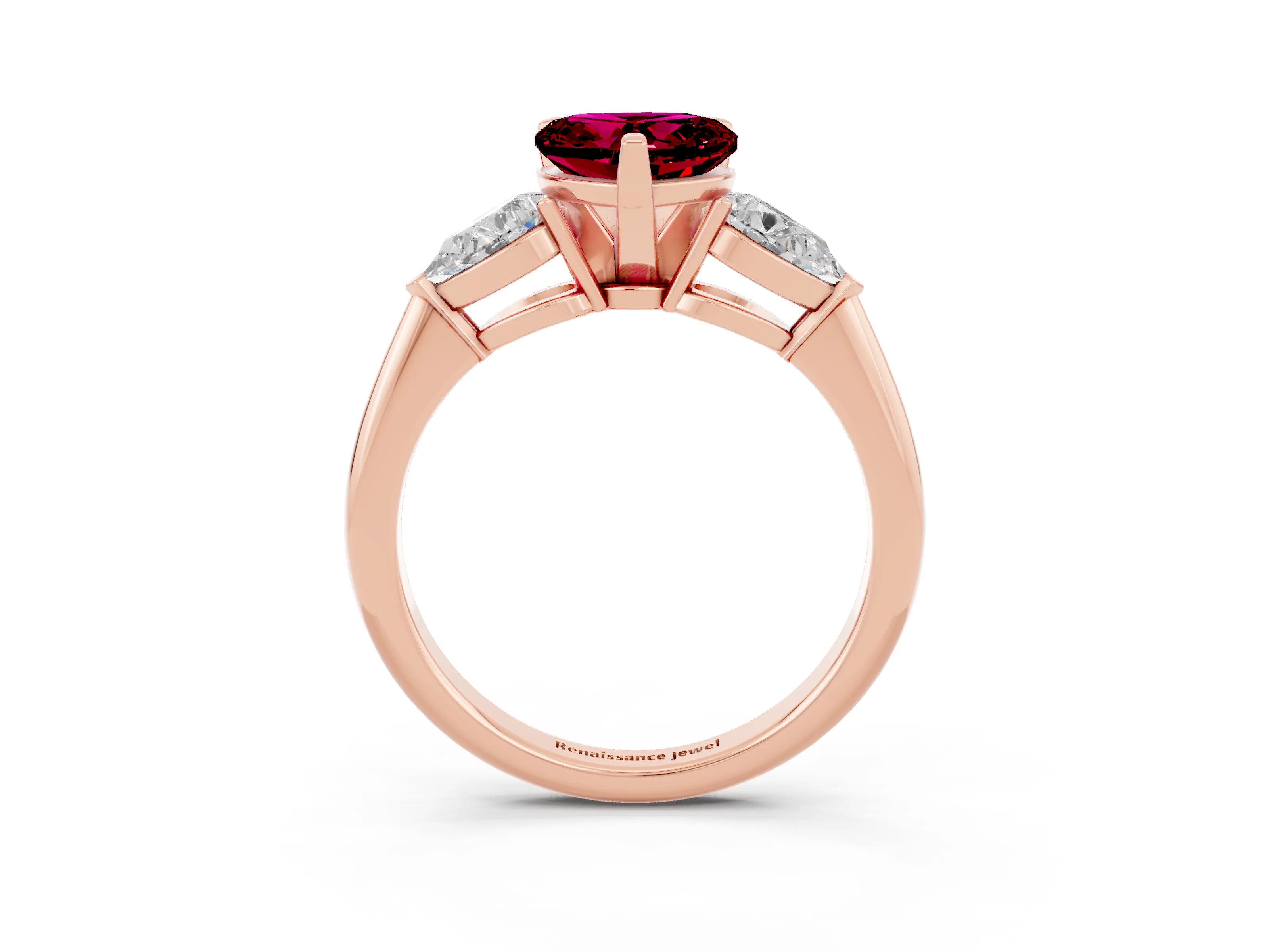 Rose gold Three-Stone Heart Cut Garnet Ring with Pear Side Stones and Four-Prong Setting_3