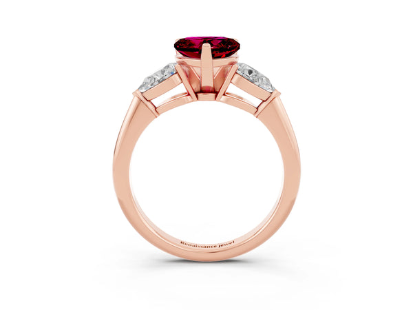Rose gold Three-Stone Heart Cut Garnet Ring with Pear Side Stones and Four-Prong Setting
