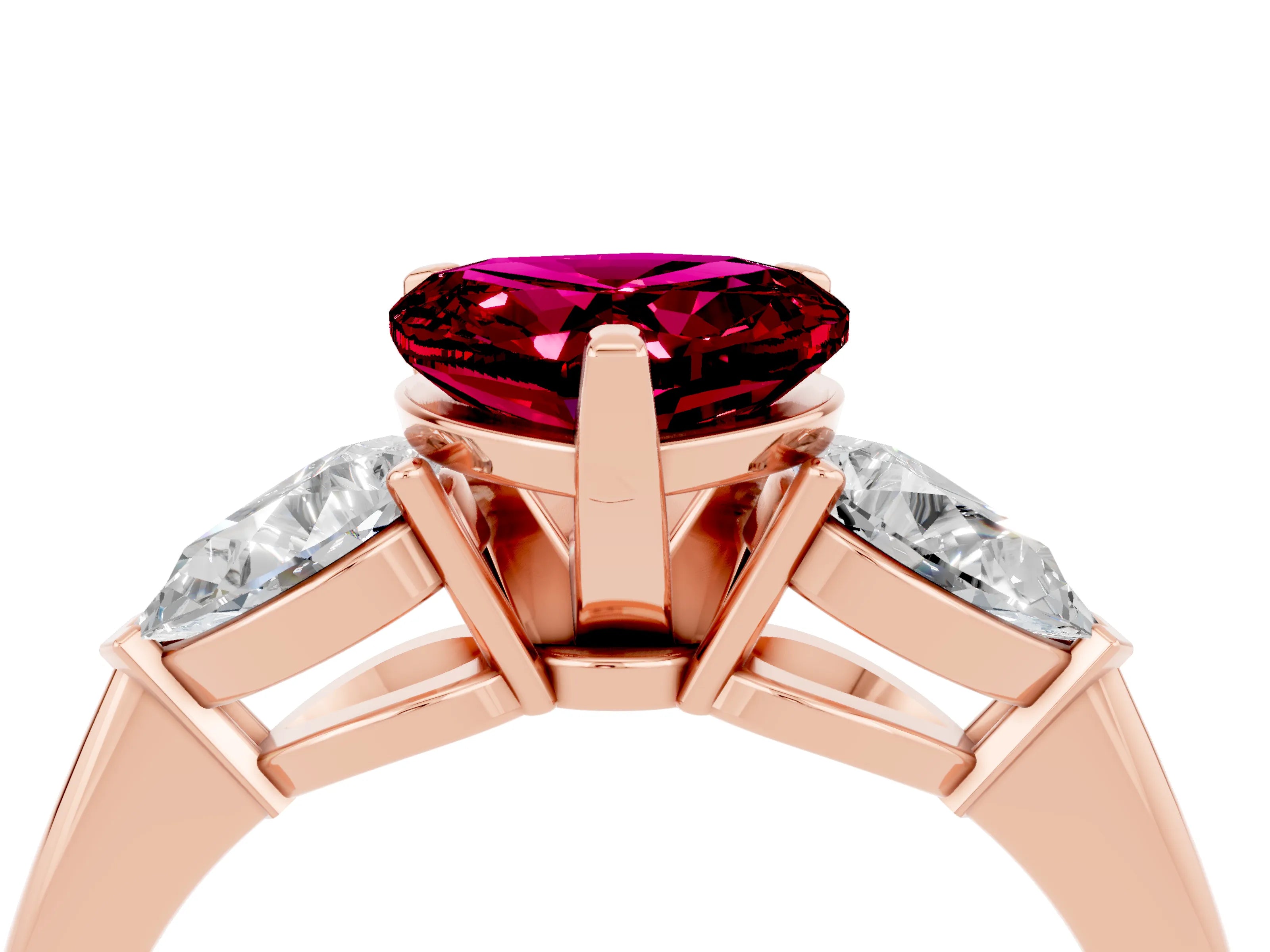 Rose gold Three-Stone Heart Cut Garnet Ring with Pear Side Stones and Four-Prong Setting_4