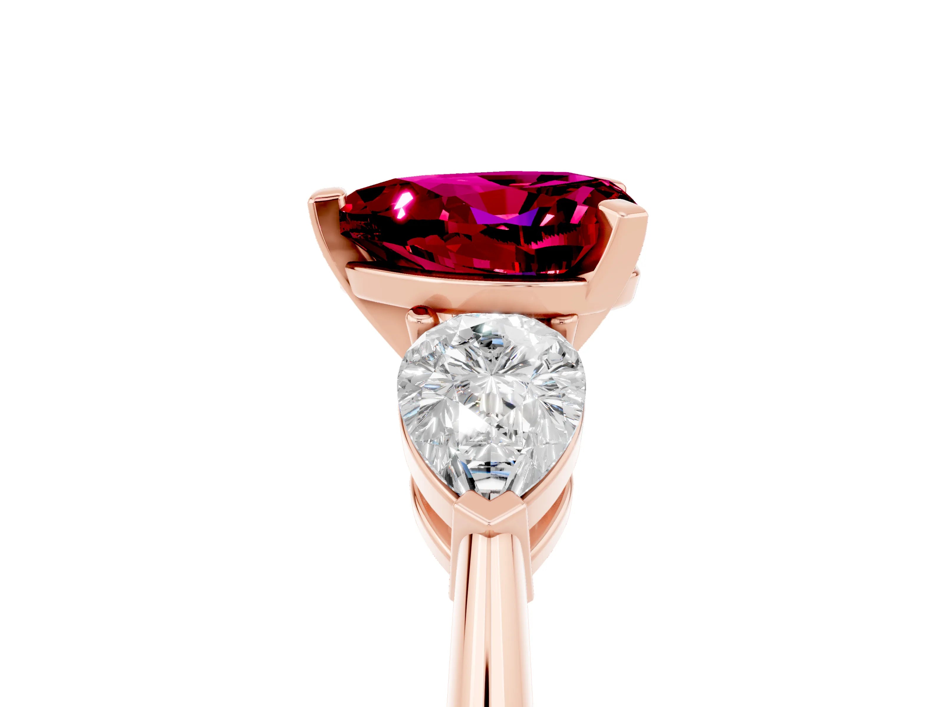 Rose gold Three-Stone Heart Cut Garnet Ring with Pear Side Stones and Four-Prong Setting_5