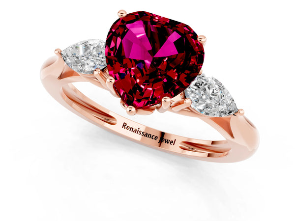 Rose gold Three-Stone Heart Cut Garnet Ring with Pear  Side Stones in Four-Prong Setting