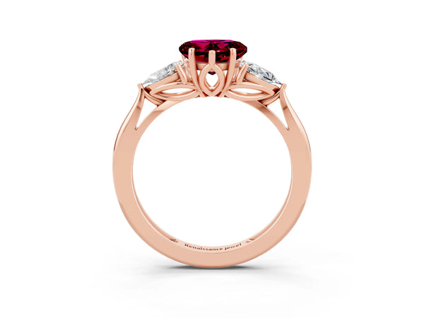 Rose gold Three-Stone Heart Cut Garnet Ring with Pear  Side Stones in Four-Prong Setting