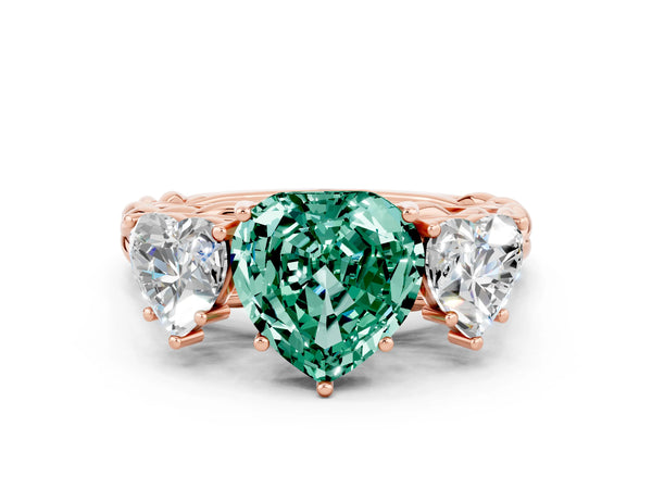 Rose gold Three-Stone Heart Cut Green Sapphire Braided Band Ring with Four-Prong Setting