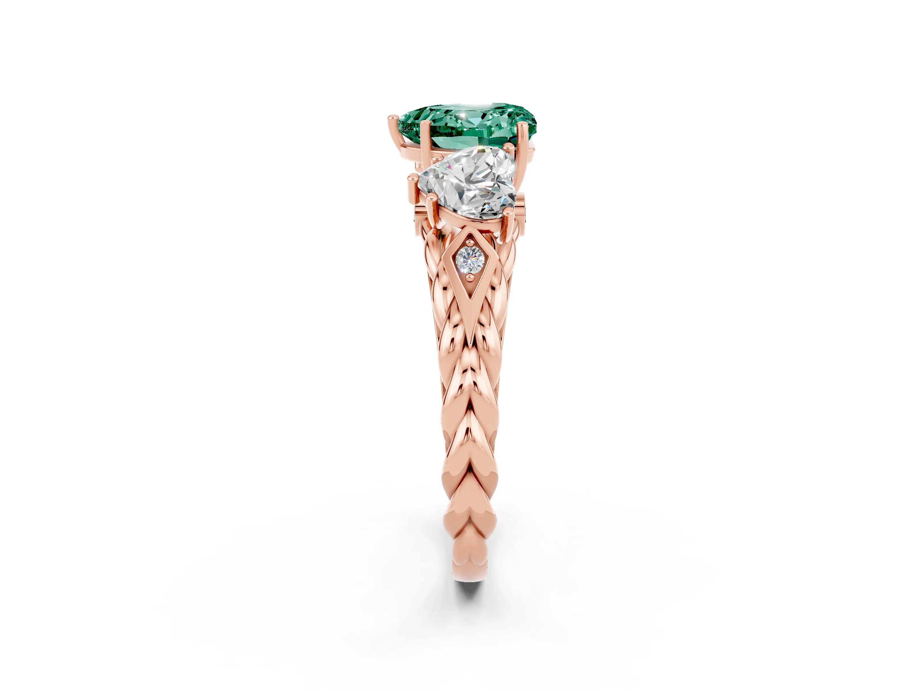 Rose gold Three-Stone Heart Cut Green Sapphire Braided Band Ring with Four-Prong Setting_14