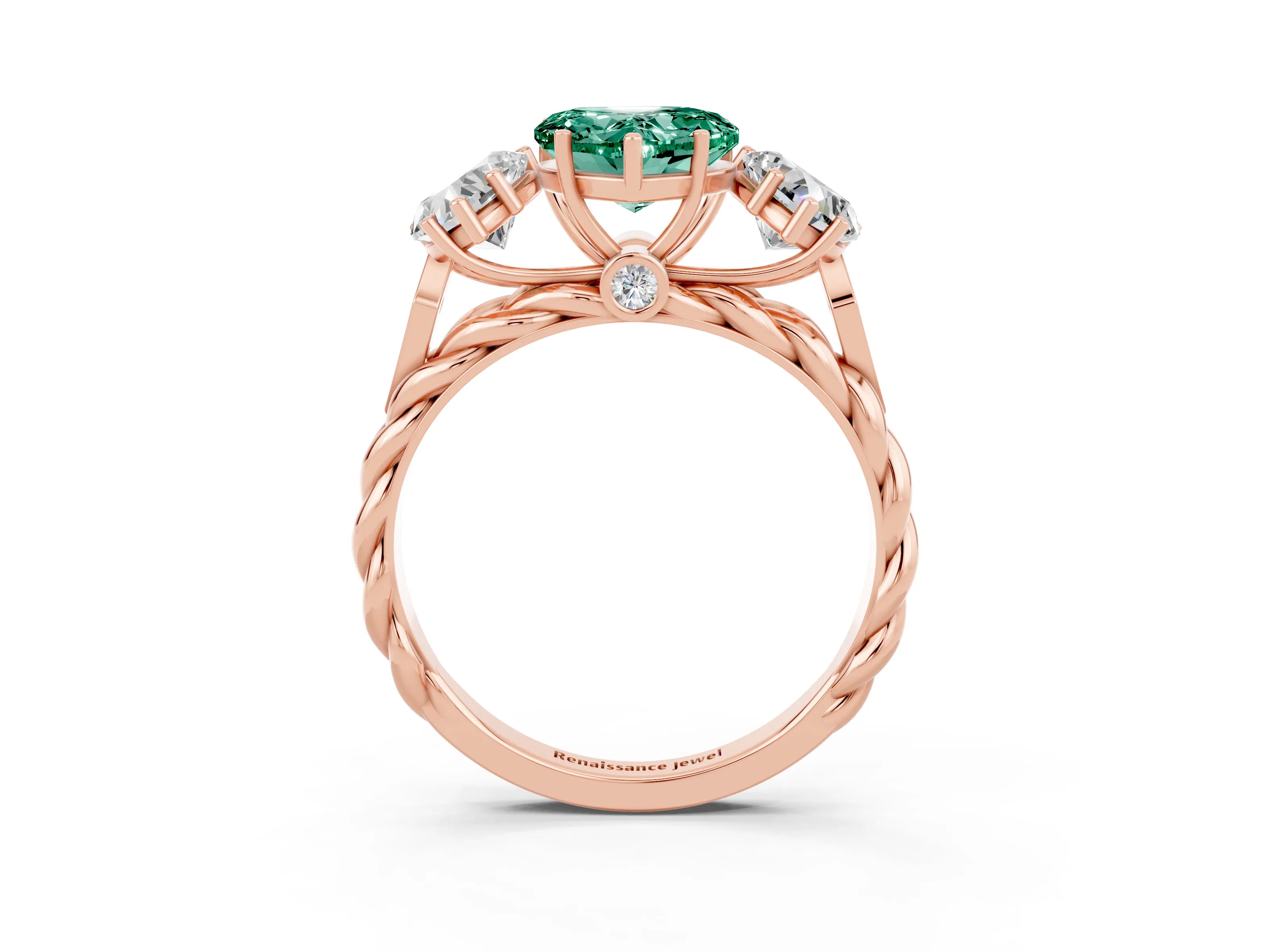 Rose gold Three-Stone Heart Cut Green Sapphire Braided Band Ring with Four-Prong Setting_15