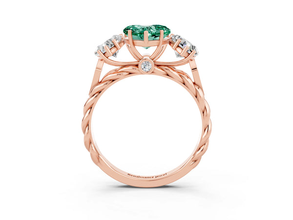 Rose gold Three-Stone Heart Cut Green Sapphire Braided Band Ring with Four-Prong Setting