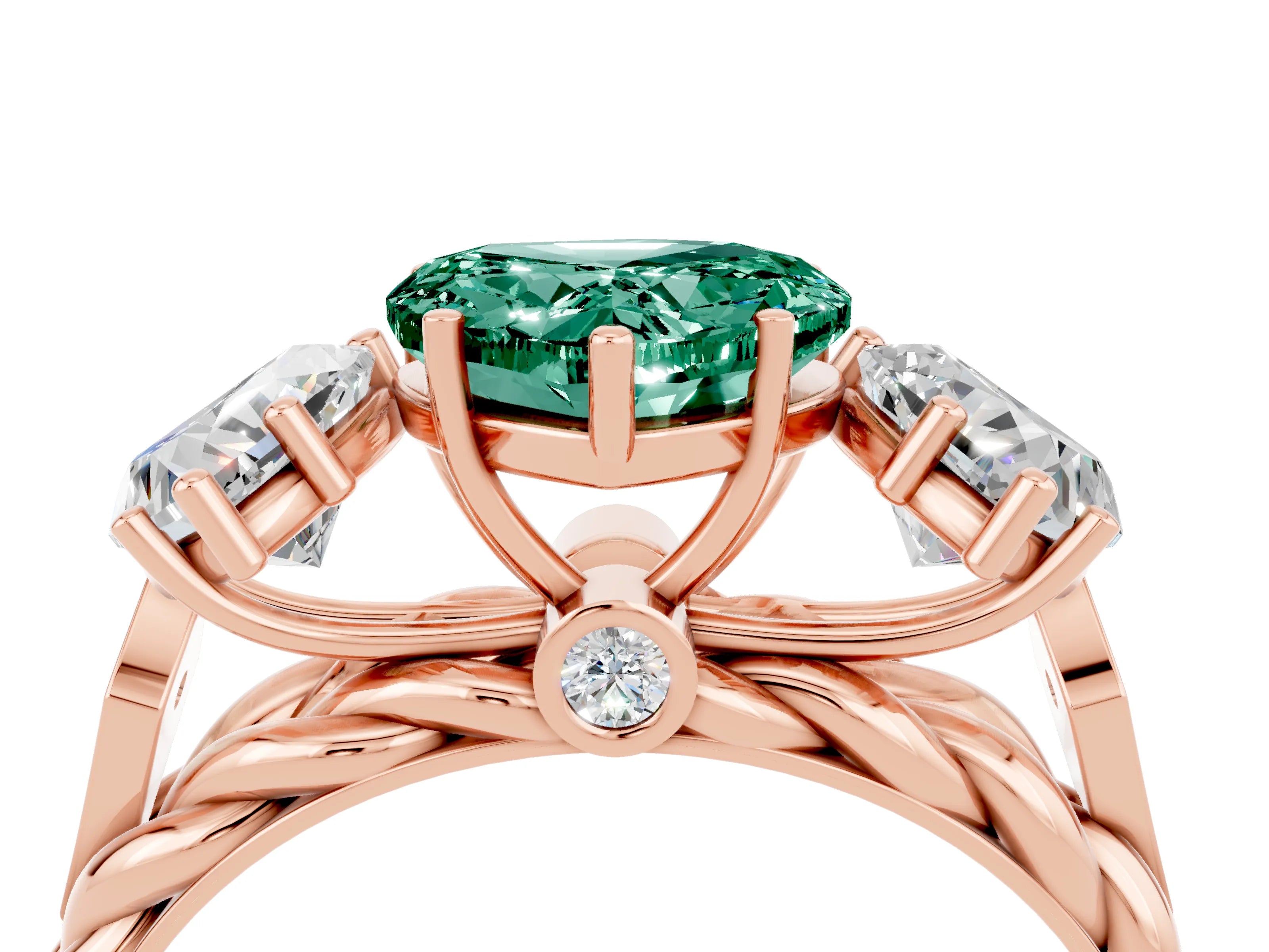 Rose gold Three-Stone Heart Cut Green Sapphire Braided Band Ring with Four-Prong Setting_16