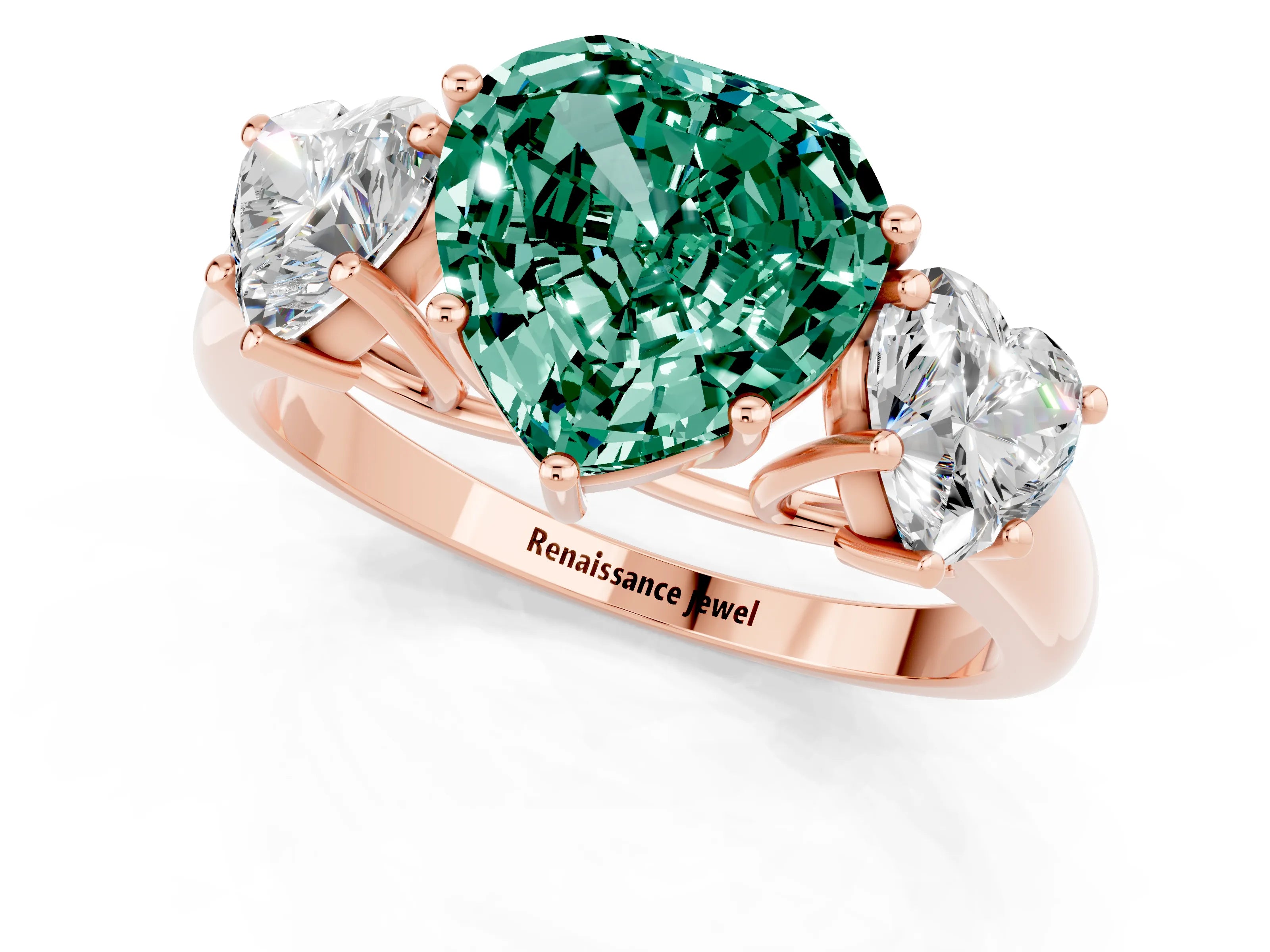 Rose gold Three-Stone Heart Cut Green Sapphire Engagement Ring with Prong Setting_1
