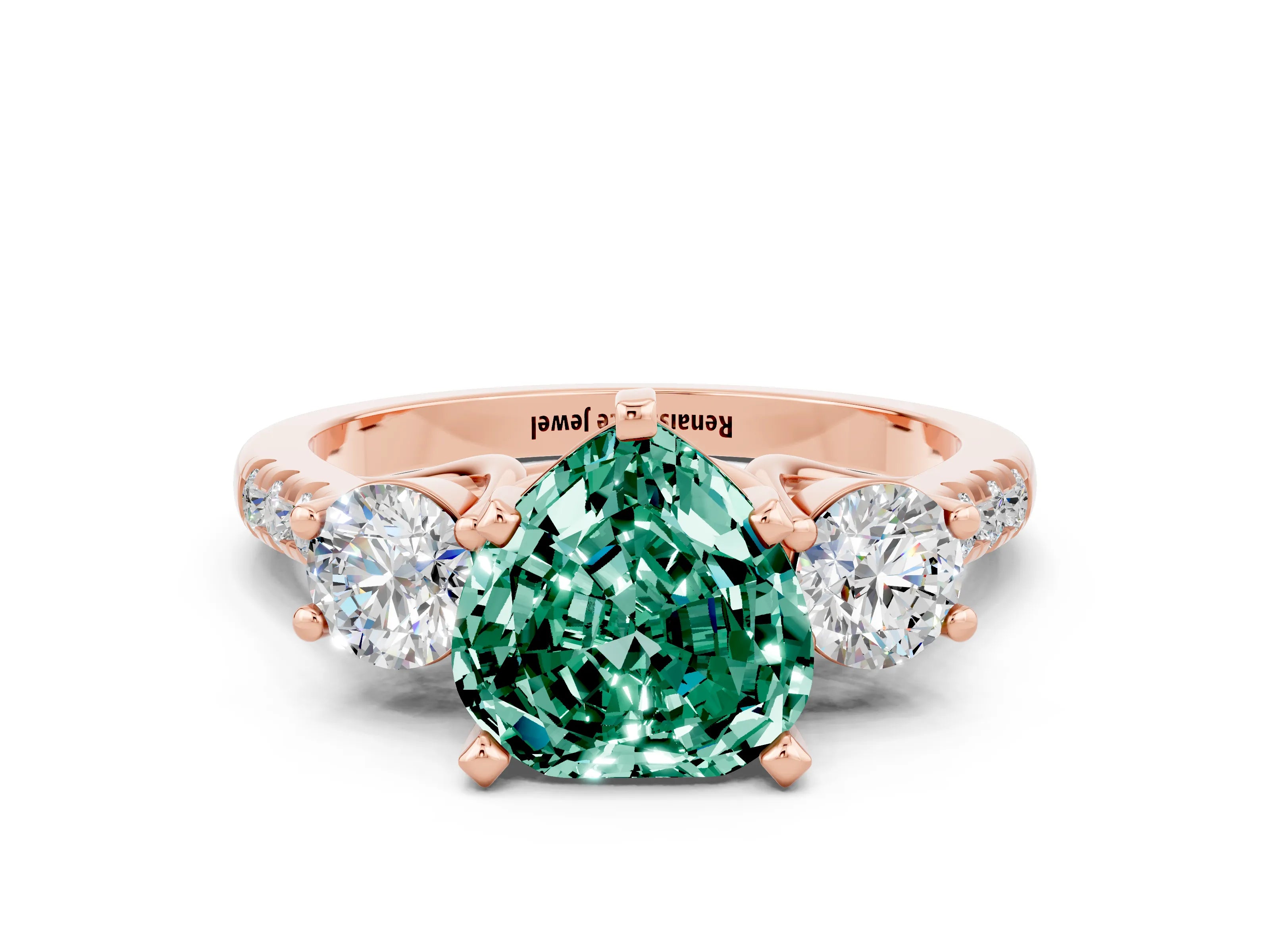 Rose gold Three-Stone Heart Cut Green Sapphire Pavé Band with Four-Prong Setting