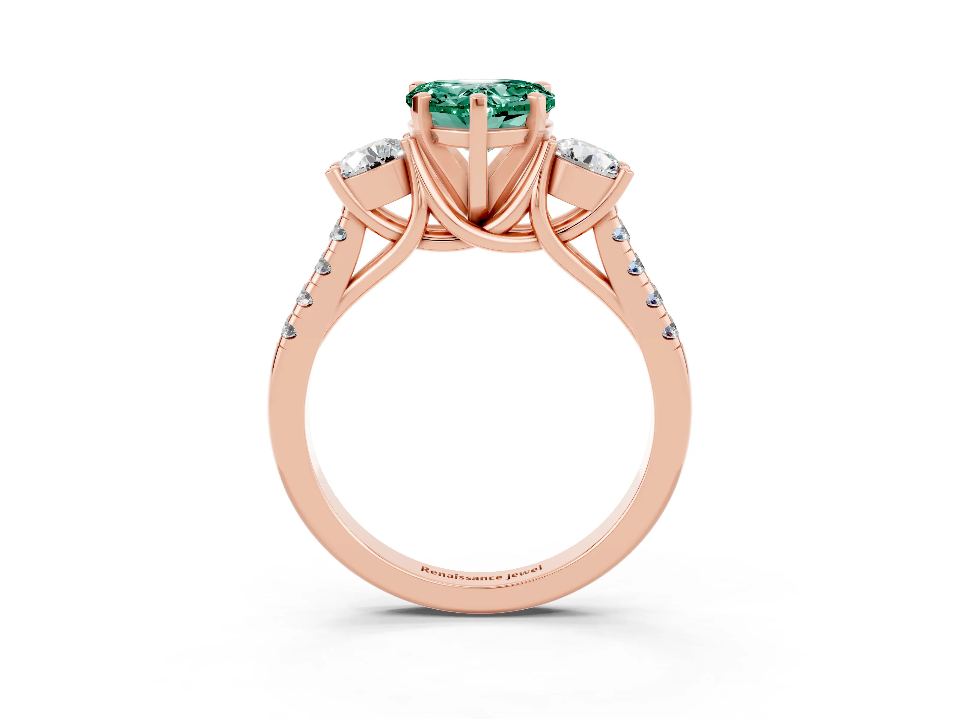Rose gold Three-Stone Heart Cut Green Sapphire Pavé Band with Four-Prong Setting_3